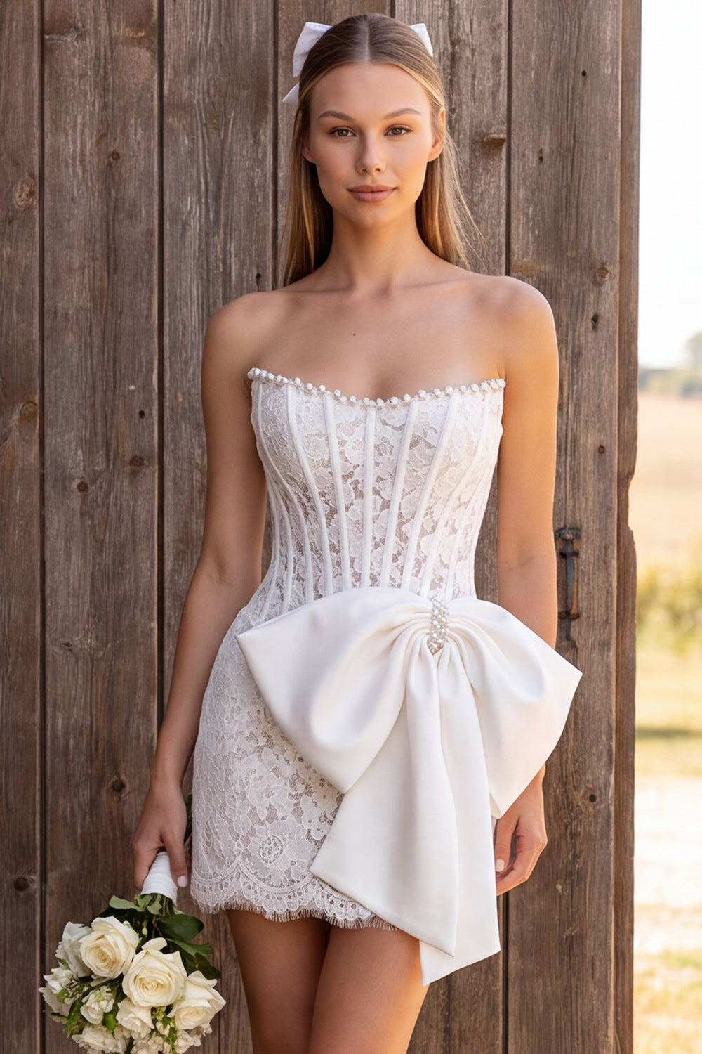 Ivory Floral Tight Corset Beaded Lace Short Boho Wedding Dress with Bow