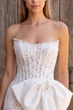 Ivory Floral Tight Corset Beaded Lace Short Boho Wedding Dress with Bow