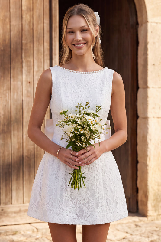 Ivory Floral Beaded A Line Lace Short Boho Wedding Dress with Bow