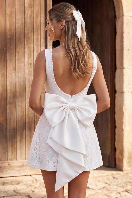 Ivory Floral Beaded A Line Lace Short Boho Wedding Dress with Bow