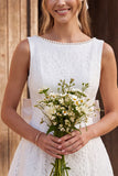 Ivory Floral Beaded A Line Lace Short Boho Wedding Dress with Bow