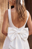 Ivory Floral Beaded A Line Lace Short Boho Wedding Dress with Bow