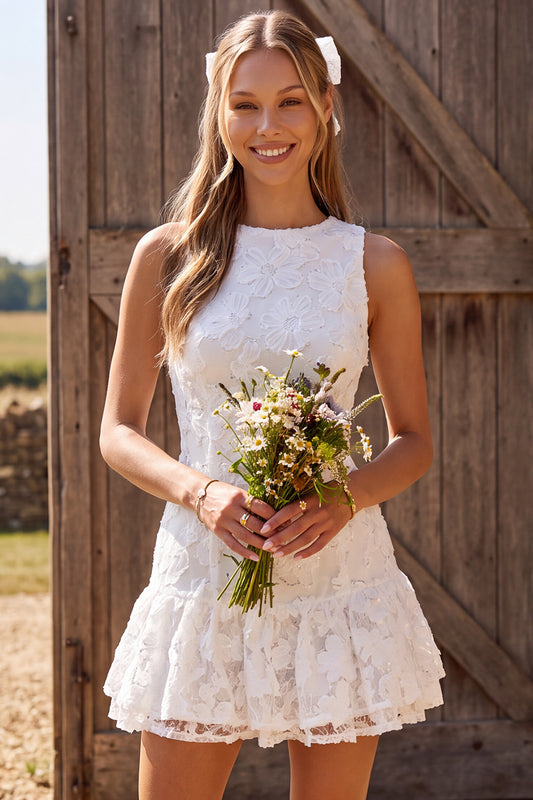 Ivory Floral Lace A Line Round Neck Short Boho Wedding Dress