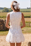 Ivory Floral Lace A Line Round Neck Short Boho Wedding Dress