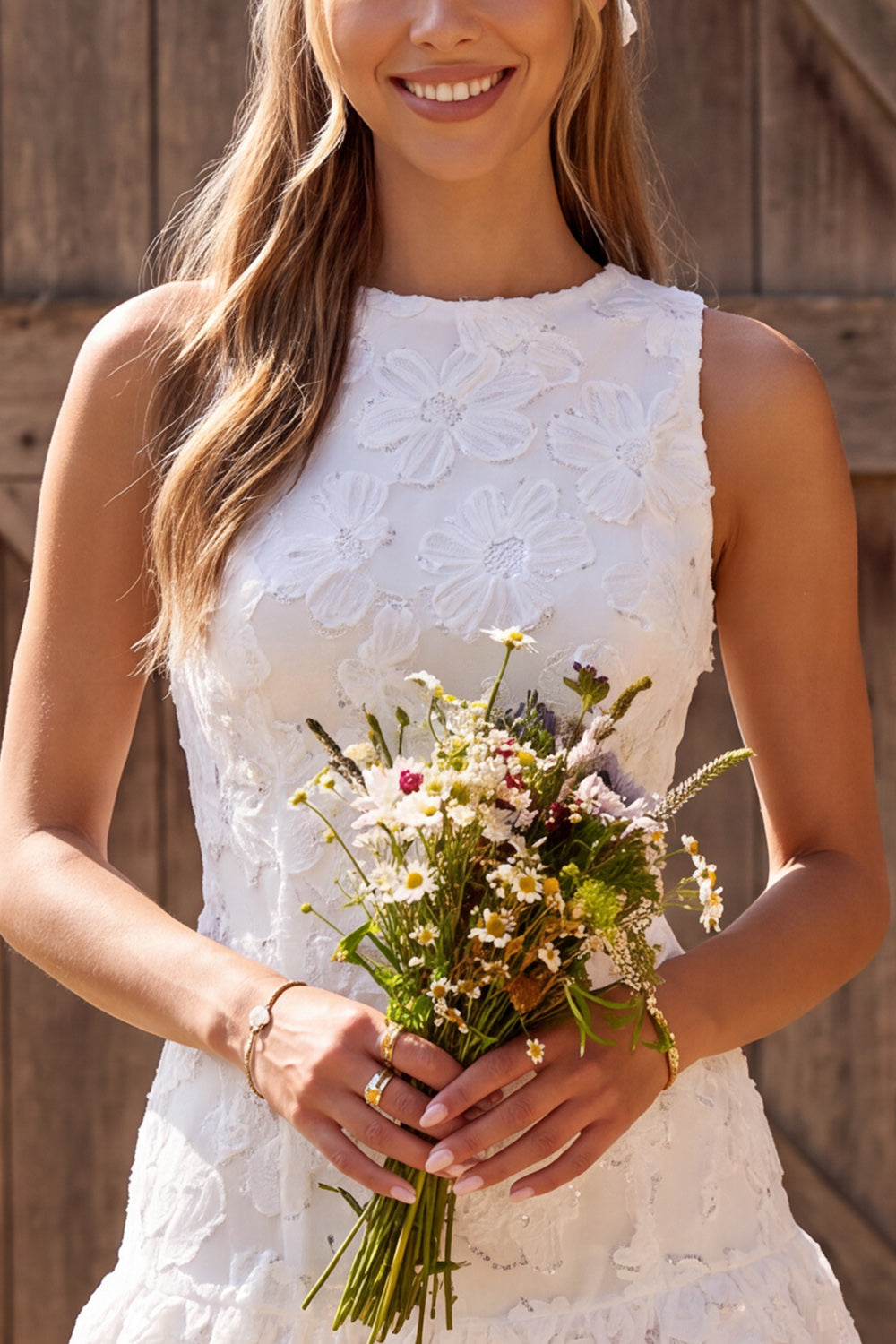 Ivory Floral Lace A Line Round Neck Short Boho Wedding Dress