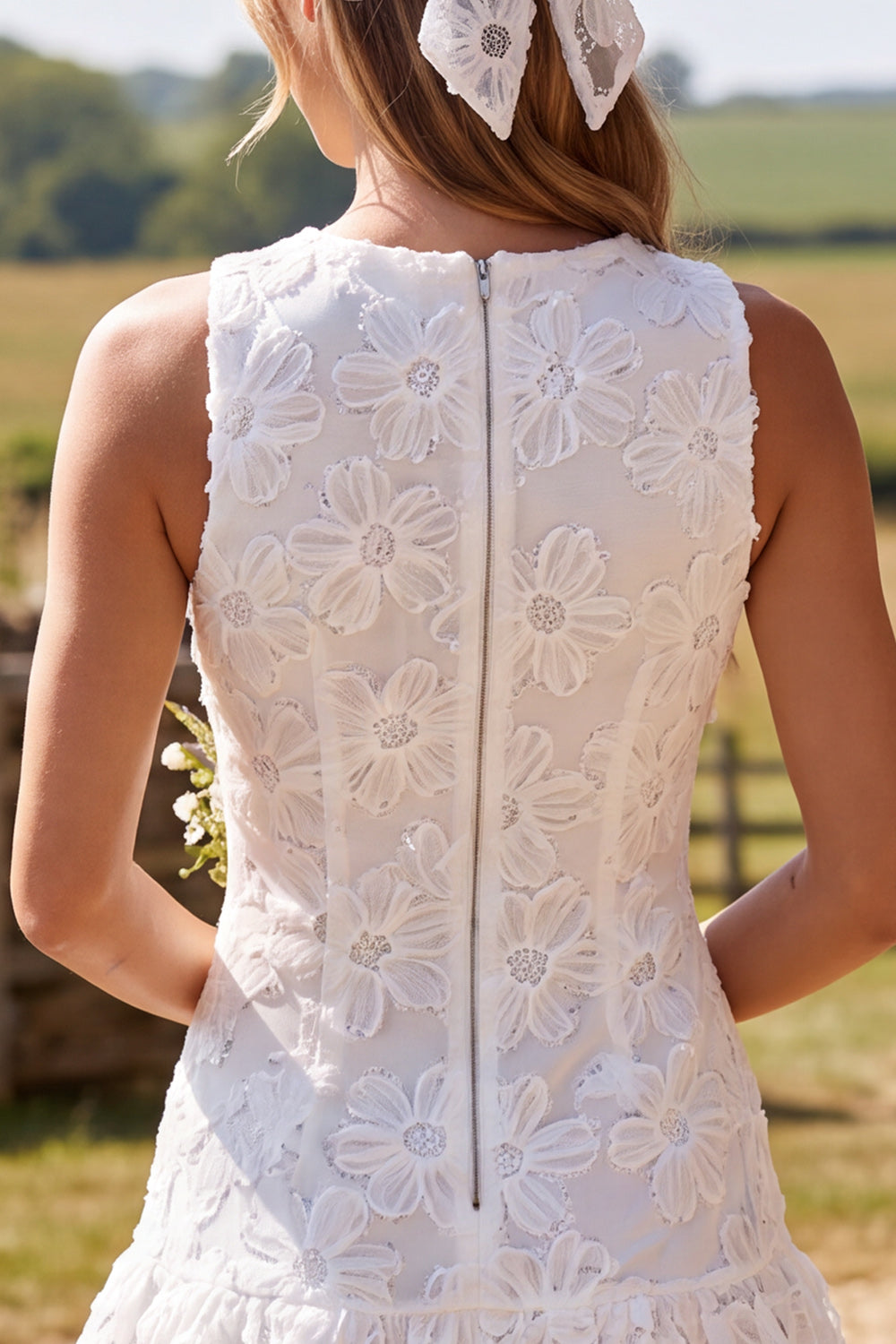 Ivory Floral Lace A Line Round Neck Short Boho Wedding Dress