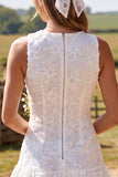 Ivory Floral Lace A Line Round Neck Short Boho Wedding Dress