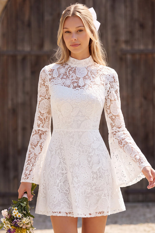 Ivory Lace A Line High Neck Long Flare Sleeves Short Boho Wedding Dress