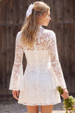 Ivory Lace A Line High Neck Long Flare Sleeves Short Boho Wedding Dress