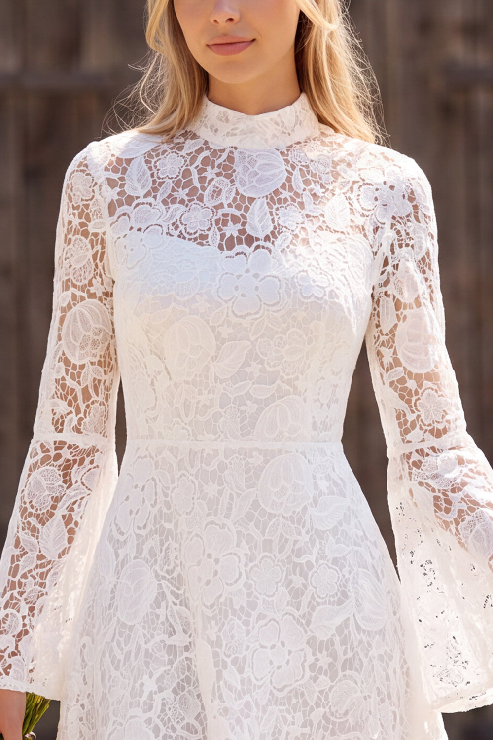 Ivory Lace A Line High Neck Long Flare Sleeves Short Boho Wedding Dress