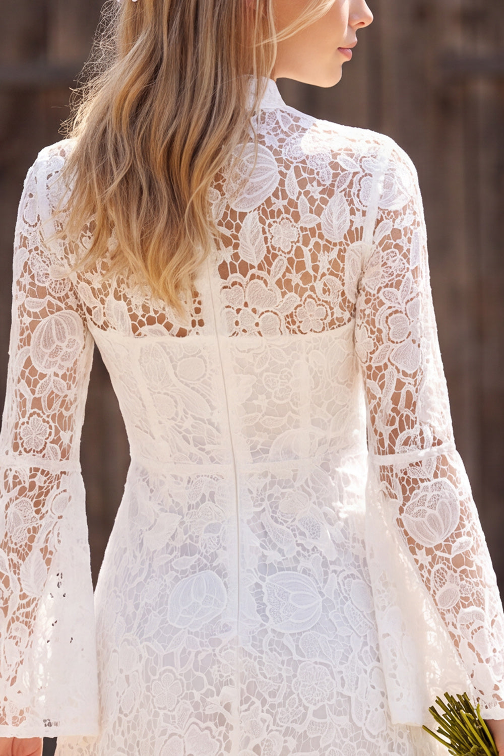 Ivory Lace A Line High Neck Long Flare Sleeves Short Boho Wedding Dress