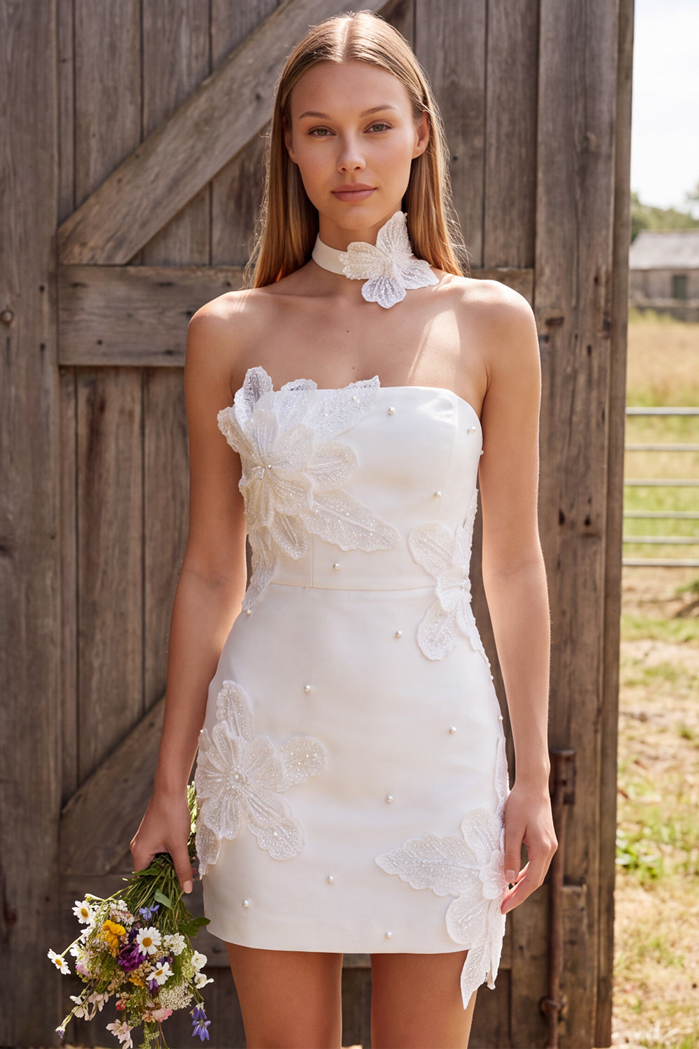 Ivory Tight Strapless Satin Floral Short Wedding Dress with Pearls