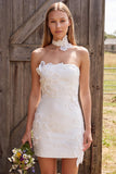 Ivory Tight Strapless Satin Floral Short Wedding Dress with Pearls