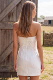 Ivory Tight Strapless Satin Floral Short Wedding Dress with Pearls