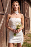 Ivory Tight Strapless Satin Floral Short Wedding Dress with Pearls
