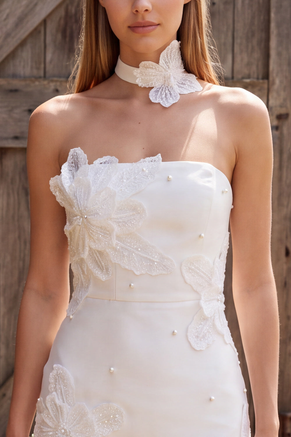 Ivory Tight Strapless Satin Floral Short Wedding Dress with Pearls