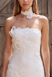 Ivory Tight Strapless Satin Floral Short Wedding Dress with Pearls