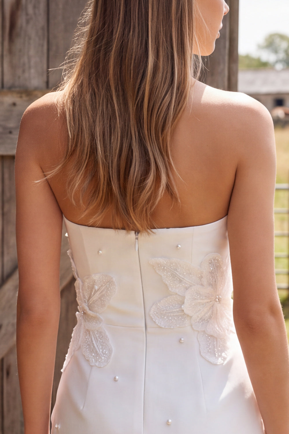 Ivory Tight Strapless Satin Floral Short Wedding Dress with Pearls
