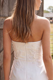 Ivory Tight Strapless Satin Floral Short Wedding Dress with Pearls