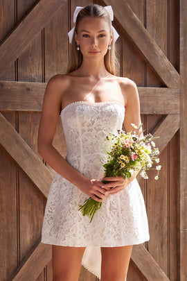 Ivory Strapless Lace A Line Short Boho Wedding Dress with Bow