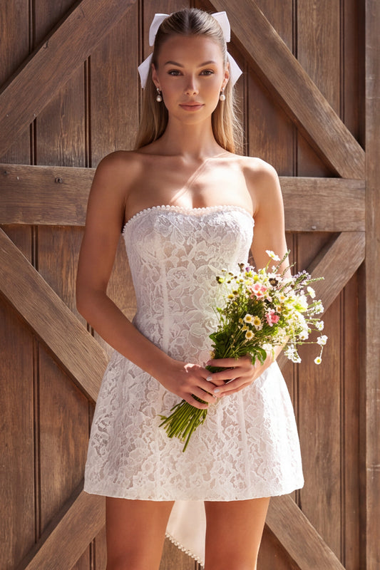 Ivory Strapless Lace A Line Short Boho Wedding Dress with Bow