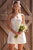 Ivory Strapless Lace A Line Short Boho Wedding Dress with Bow