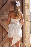 Ivory Strapless Lace A Line Short Boho Wedding Dress with Bow
