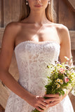 Ivory Strapless Lace A Line Short Boho Wedding Dress with Bow