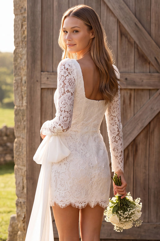 Ivory Lace Tight Corset Long Sleeves Short Boho Wedding Dress with Bow