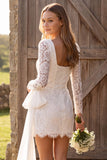 Ivory Lace Tight Corset Long Sleeves Short Boho Wedding Dress with Bow
