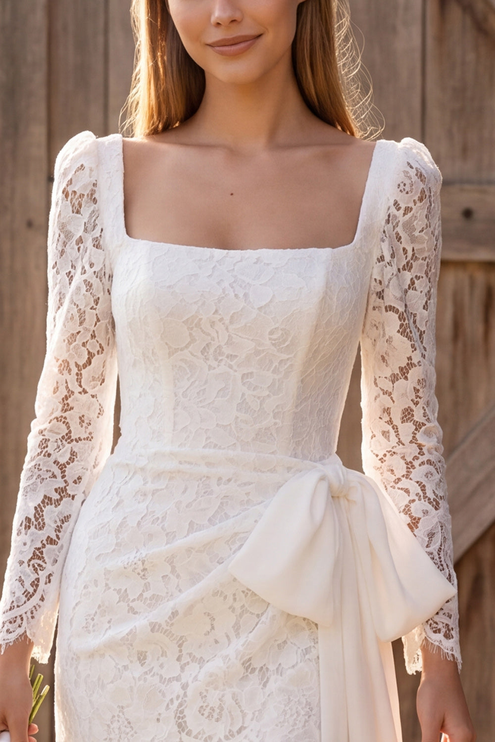 Ivory Lace Tight Corset Long Sleeves Short Boho Wedding Dress with Bow