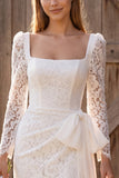 Ivory Lace Tight Corset Long Sleeves Short Boho Wedding Dress with Bow