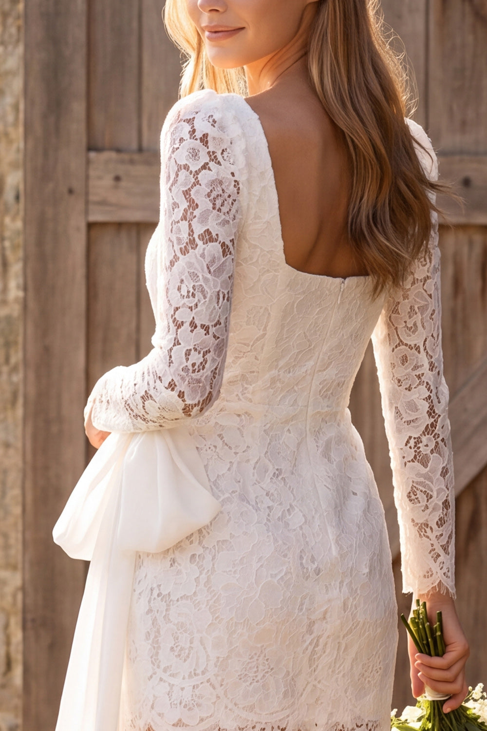Ivory Lace Tight Corset Long Sleeves Short Boho Wedding Dress with Bow