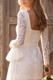 Ivory Lace Tight Corset Long Sleeves Short Boho Wedding Dress with Bow