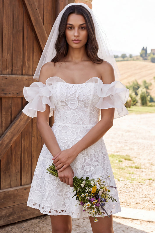 Ivory Floral A Line Lace Ruffled Short Boho Wedding Dress