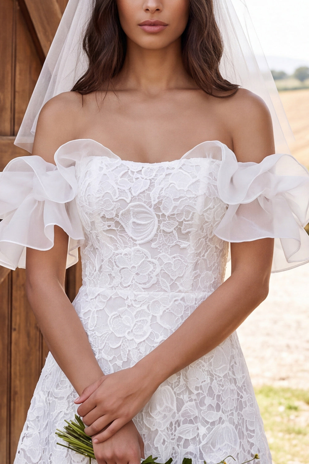 Ivory Floral A Line Lace Ruffled Short Boho Wedding Dress