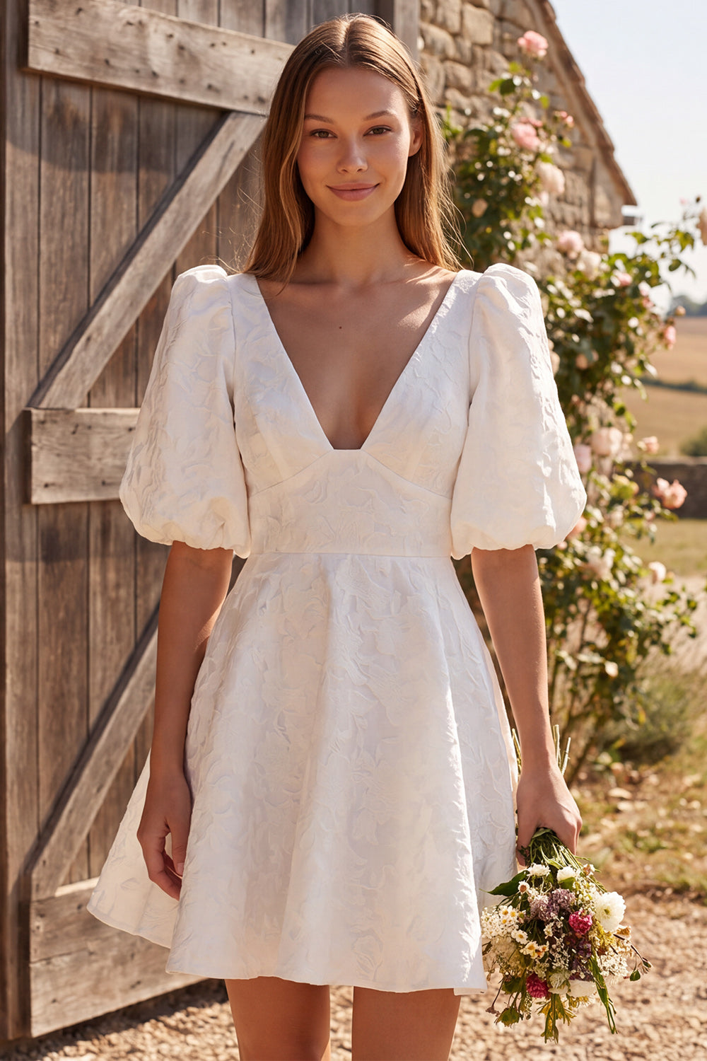 Ivory Floral A Line V-Neck Short Jacquard Wedding Dress with Sleeves
