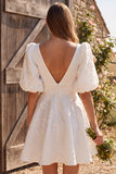Ivory Floral A Line V-Neck Short Jacquard Wedding Dress with Sleeves