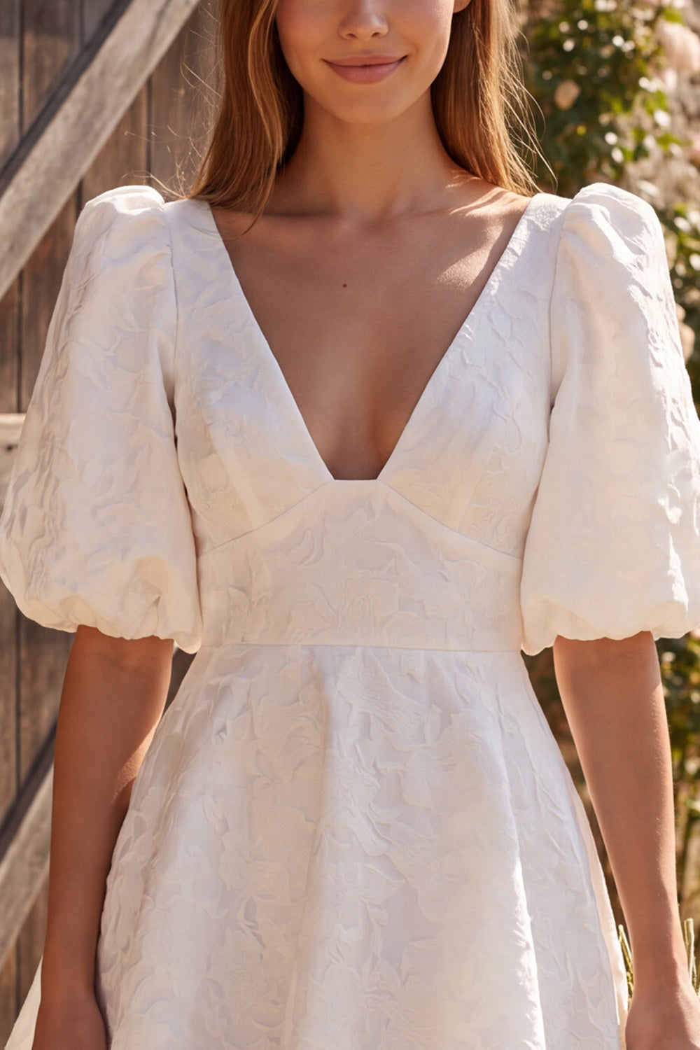 Ivory Floral A Line V-Neck Short Jacquard Wedding Dress with Sleeves