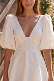 Ivory Floral A Line V-Neck Short Jacquard Wedding Dress with Sleeves