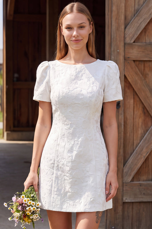 Ivory Tight Boat Neck Short Sleeves Jacquard Wedding Dress