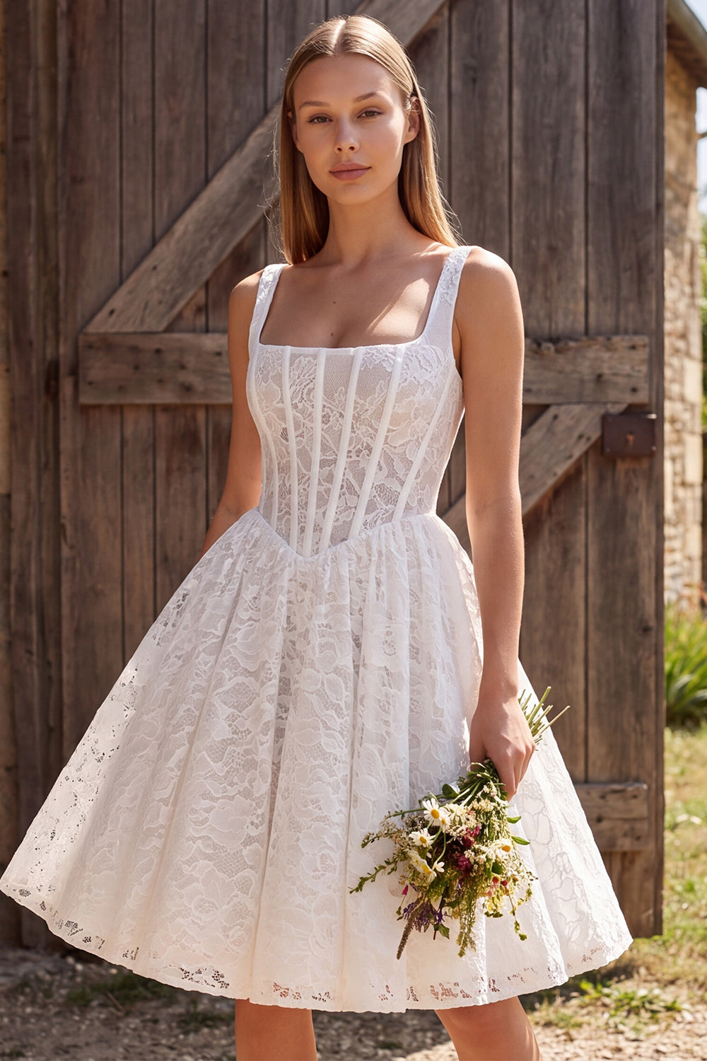 Ivory Corset A Line Square Neck Short Lace Boho Wedding Dress