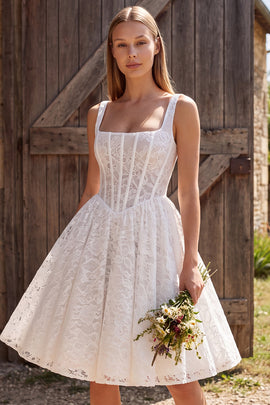 Ivory Corset A Line Square Neck Short Lace Boho Wedding Dress
