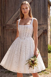 Ivory Corset A Line Square Neck Short Lace Boho Wedding Dress