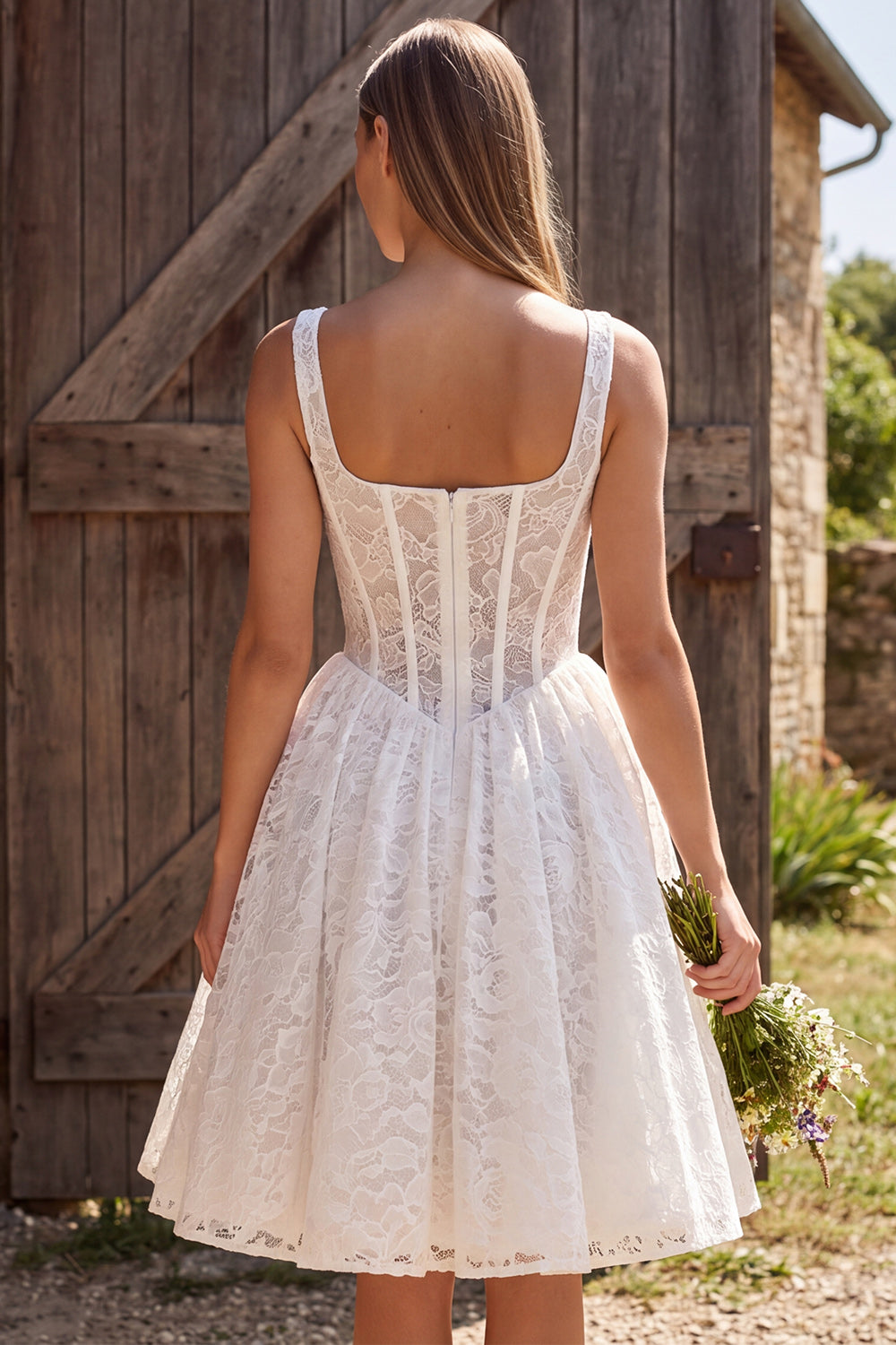 Ivory Corset A Line Square Neck Short Lace Boho Wedding Dress