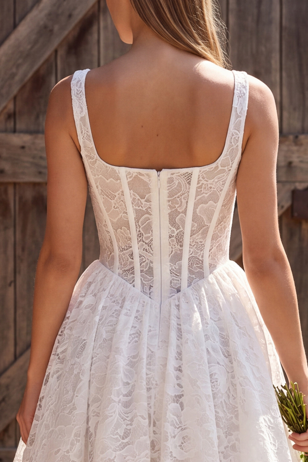 Ivory Corset A Line Square Neck Short Lace Boho Wedding Dress