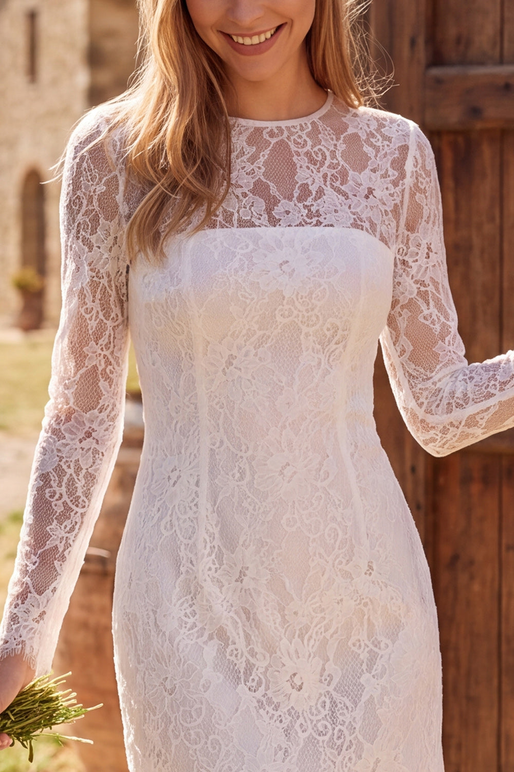 Ivory Floral Tight Long Sleeves Lace Short Boho Wedding Dress