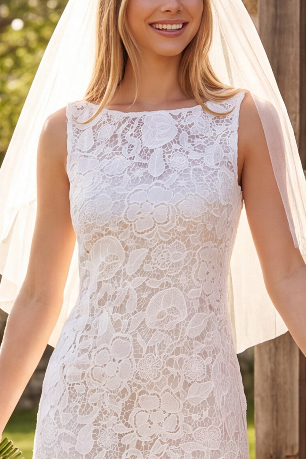Ivory Floral Bodycon Boat Neck Lace Midi Boho Wedding Dress