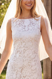Ivory Floral Bodycon Boat Neck Lace Midi Boho Wedding Dress