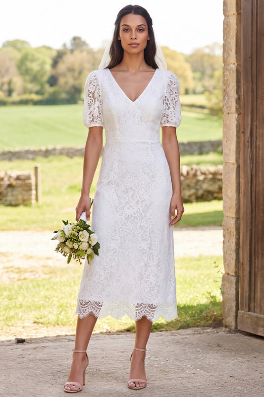 Ivory Floral Bodycon V-Neck Lace Midi Boho Wedding Dress with Sleeves